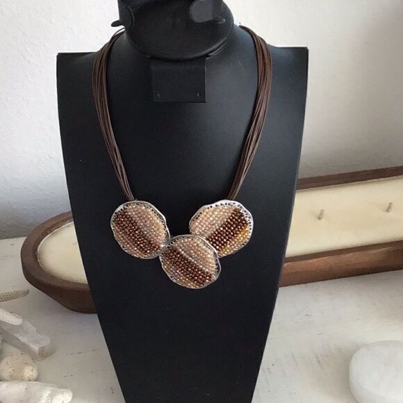Signature NYC, Multi layers Brown Cord 3 Beaded Big Silver discs, & Earrings set - Picture 2 of 4